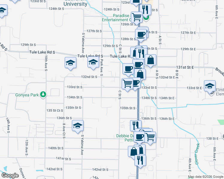 map of restaurants, bars, coffee shops, grocery stores, and more near 508 133rd Street South in Tacoma