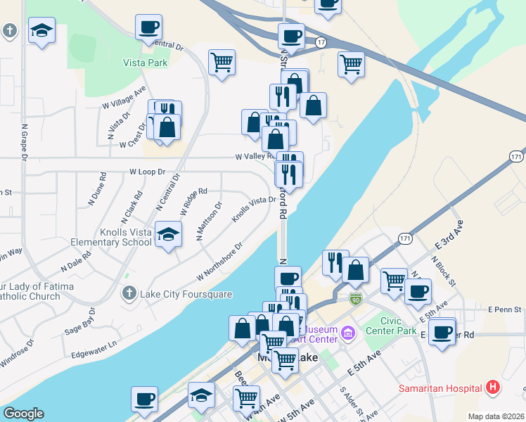 map of restaurants, bars, coffee shops, grocery stores, and more near 126 West Northshore Drive in Moses Lake