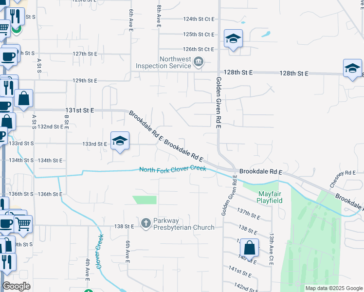 map of restaurants, bars, coffee shops, grocery stores, and more near 905 133rd Street East in Tacoma