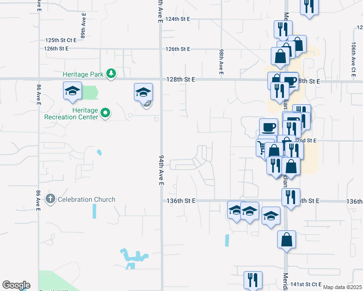 map of restaurants, bars, coffee shops, grocery stores, and more near 13305 94th Avenue East in Puyallup