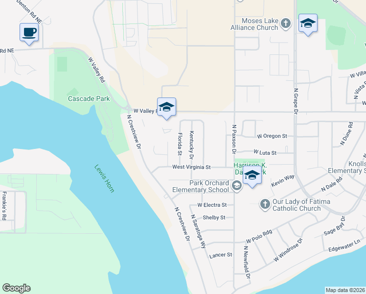 map of restaurants, bars, coffee shops, grocery stores, and more near 521 Florida Street in Moses Lake