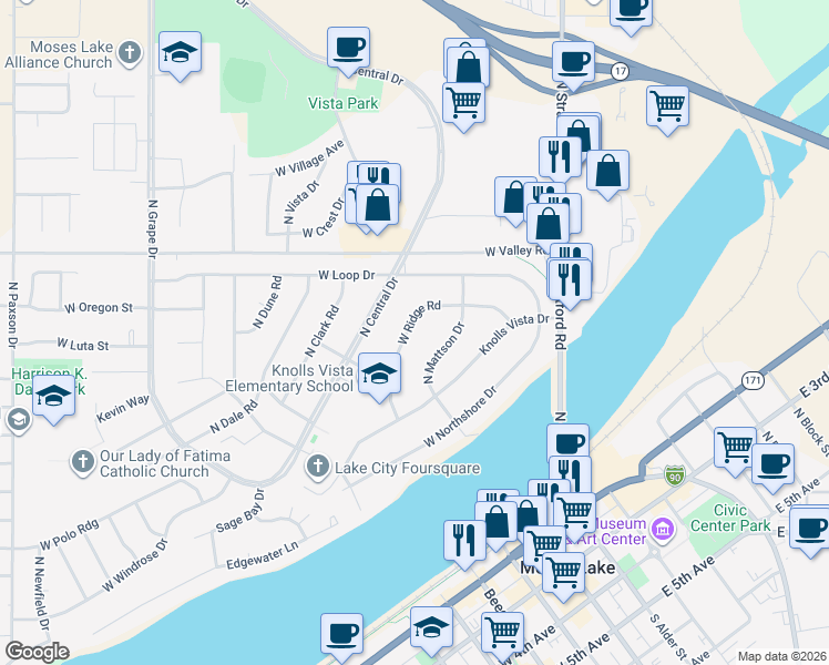 map of restaurants, bars, coffee shops, grocery stores, and more near 405 West Ridge Road in Moses Lake