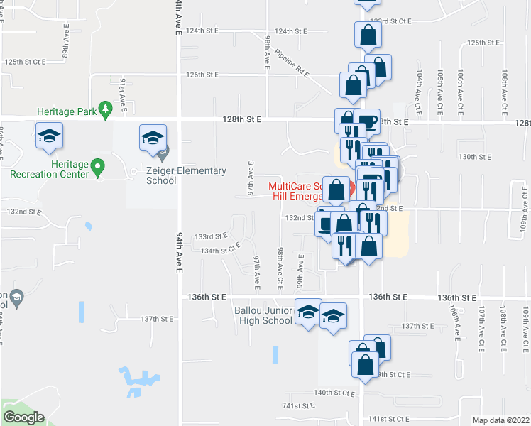 map of restaurants, bars, coffee shops, grocery stores, and more near 13211 97th Avenue East in Puyallup