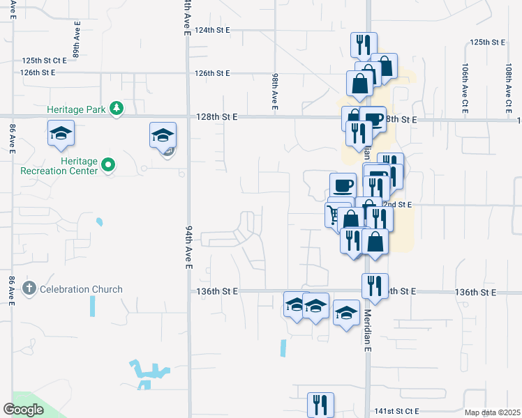 map of restaurants, bars, coffee shops, grocery stores, and more near 13211 97th Avenue East in Puyallup