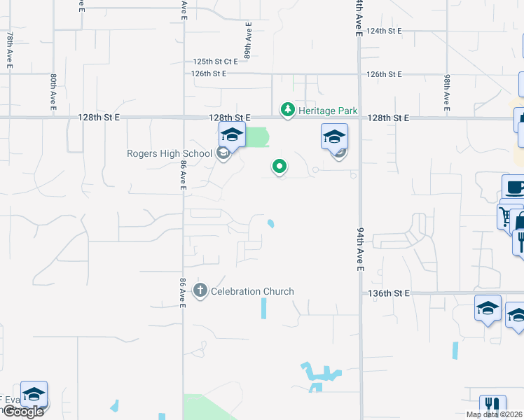 map of restaurants, bars, coffee shops, grocery stores, and more near 13133 89th Avenue East in Puyallup