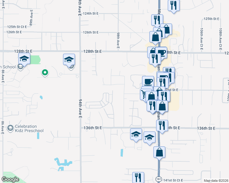 map of restaurants, bars, coffee shops, grocery stores, and more near 13203 97th Avenue East in Puyallup