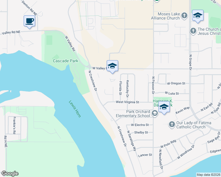 map of restaurants, bars, coffee shops, grocery stores, and more near 526 Monarch Street in Moses Lake