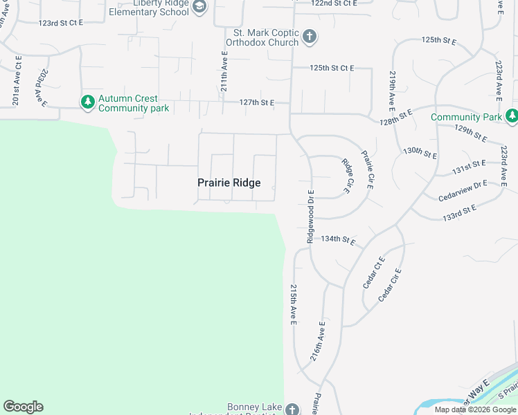 map of restaurants, bars, coffee shops, grocery stores, and more near 21304 131st Street Court East in Sumner