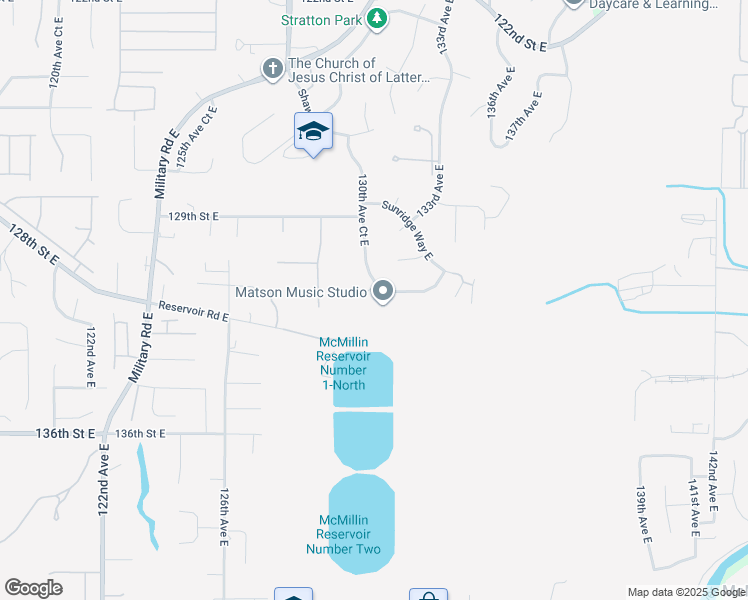map of restaurants, bars, coffee shops, grocery stores, and more near 13020 131st Street Court East in Puyallup