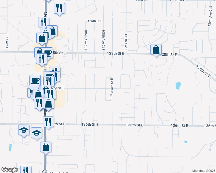map of restaurants, bars, coffee shops, grocery stores, and more near 10905 132nd Street East in Puyallup