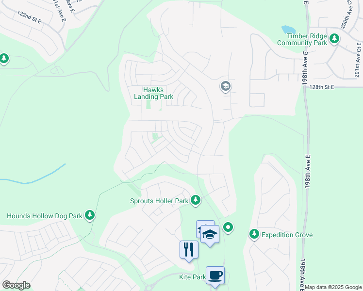 map of restaurants, bars, coffee shops, grocery stores, and more near 19020 133rd Street East in Bonney Lake