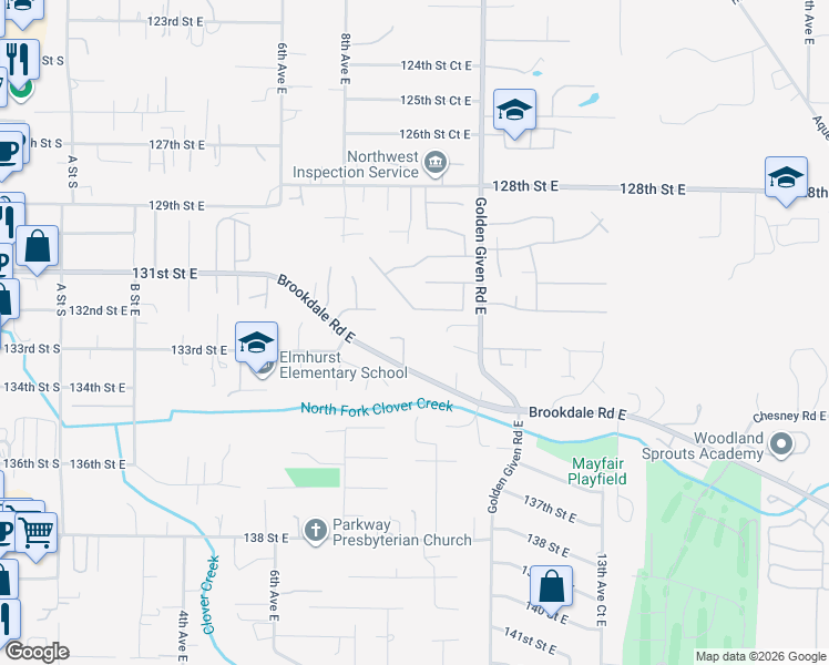 map of restaurants, bars, coffee shops, grocery stores, and more near 13201 9th Avenue Court East in Tacoma