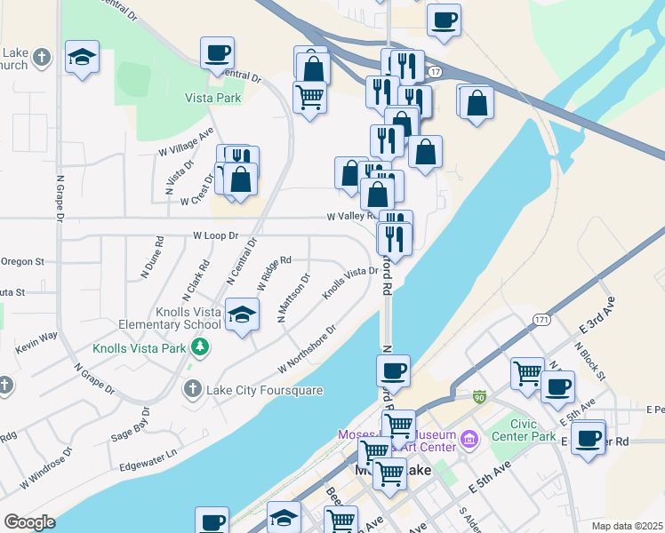 map of restaurants, bars, coffee shops, grocery stores, and more near 223 West Loop Drive in Moses Lake