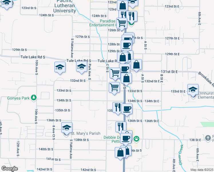 map of restaurants, bars, coffee shops, grocery stores, and more near 401 132nd Street East in Tacoma