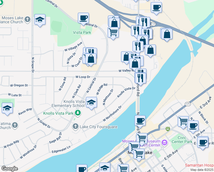 map of restaurants, bars, coffee shops, grocery stores, and more near 315 West Ridge Road in Moses Lake
