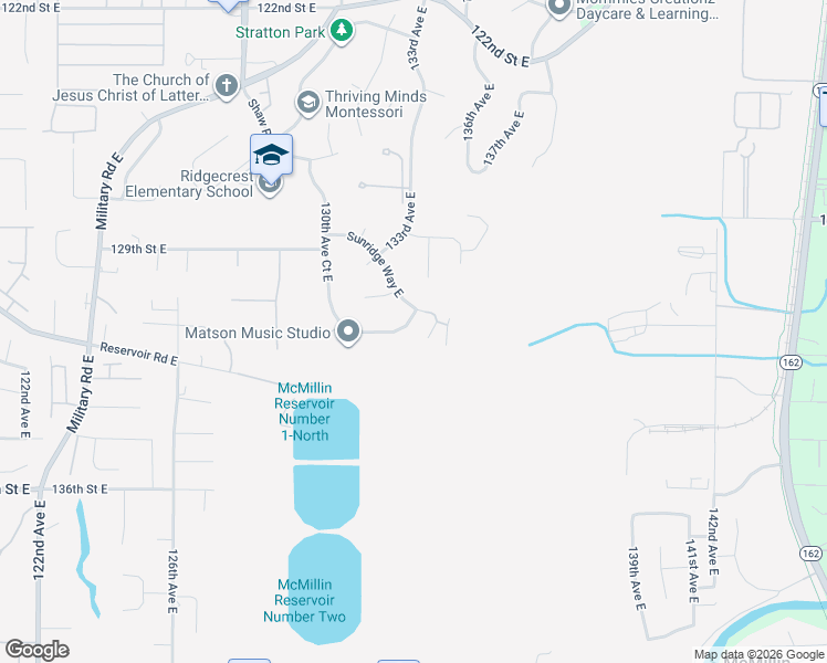 map of restaurants, bars, coffee shops, grocery stores, and more near 13302 131st Street Court East in Puyallup