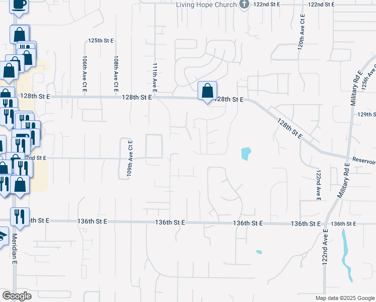 map of restaurants, bars, coffee shops, grocery stores, and more near 11218 130th Street Court East in Puyallup