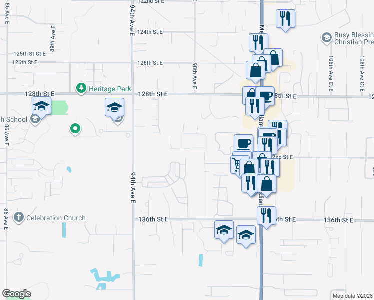 map of restaurants, bars, coffee shops, grocery stores, and more near 9707 131st Street Court East in Puyallup