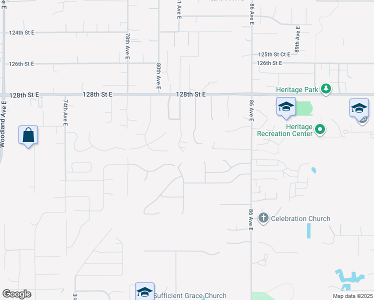 map of restaurants, bars, coffee shops, grocery stores, and more near 13123 81st Avenue Court East in Puyallup