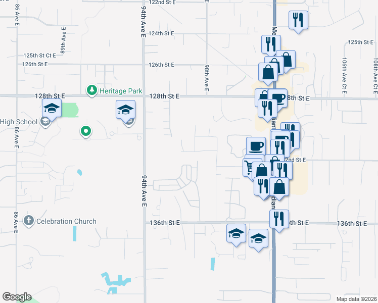 map of restaurants, bars, coffee shops, grocery stores, and more near 9625 131st Street Court East in Puyallup