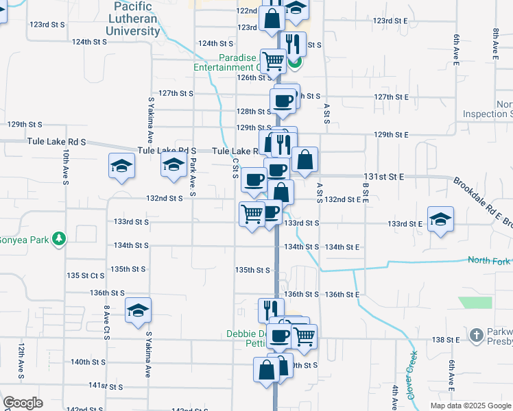 map of restaurants, bars, coffee shops, grocery stores, and more near 301 133rd Street South in Tacoma