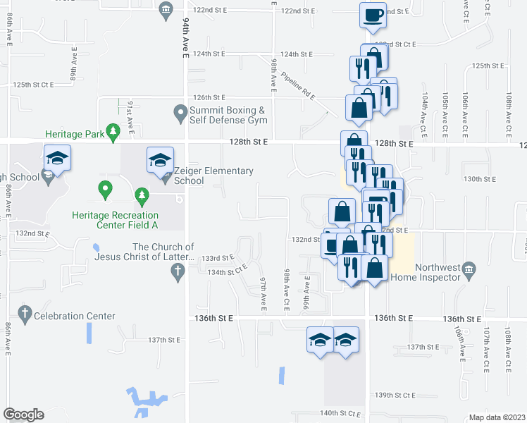 map of restaurants, bars, coffee shops, grocery stores, and more near 9707 131st Street Court East in Puyallup