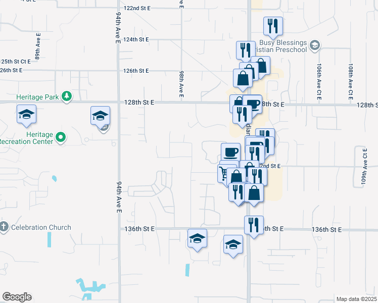 map of restaurants, bars, coffee shops, grocery stores, and more near 13026 98th Avenue Court East in South Hill