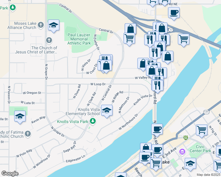 map of restaurants, bars, coffee shops, grocery stores, and more near 561 North Central Drive in Moses Lake