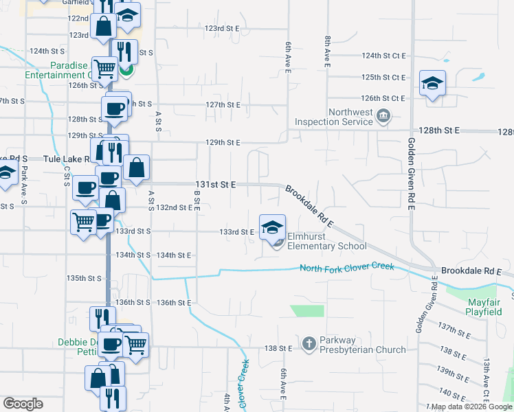 map of restaurants, bars, coffee shops, grocery stores, and more near 13118 5th Ave E in Tacoma