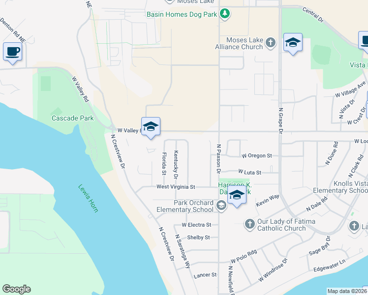 map of restaurants, bars, coffee shops, grocery stores, and more near 610 North Mississippi Drive in Moses Lake