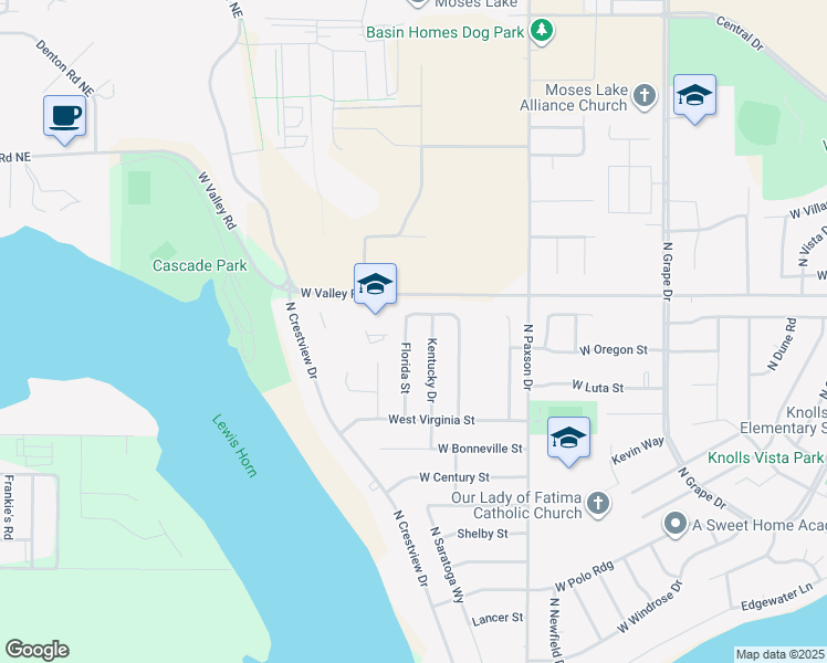 map of restaurants, bars, coffee shops, grocery stores, and more near 609 Florida Street in Moses Lake