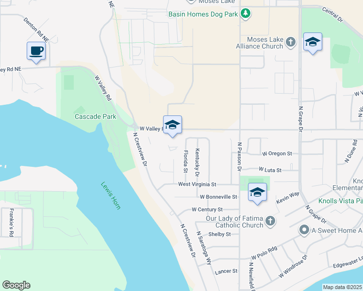 map of restaurants, bars, coffee shops, grocery stores, and more near 609 Florida Street in Moses Lake