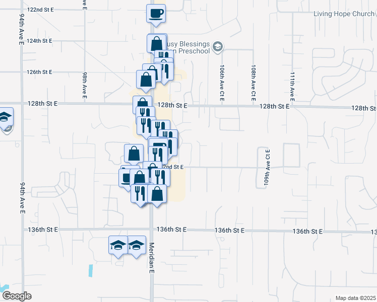map of restaurants, bars, coffee shops, grocery stores, and more near 13110 105th Ave E in Puyallup