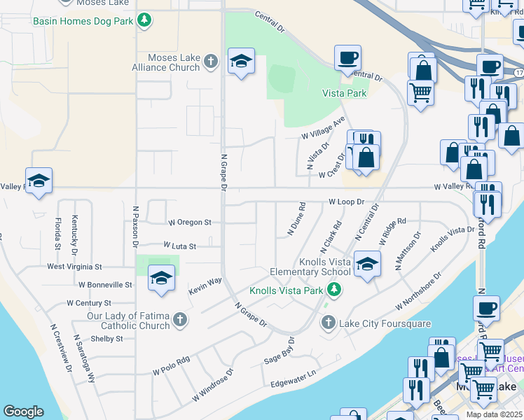 map of restaurants, bars, coffee shops, grocery stores, and more near 519 N Washington St in Moses Lake