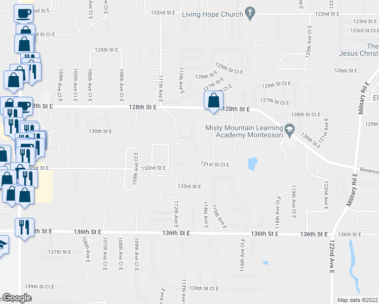map of restaurants, bars, coffee shops, grocery stores, and more near 11218 130th Street Court East in Puyallup