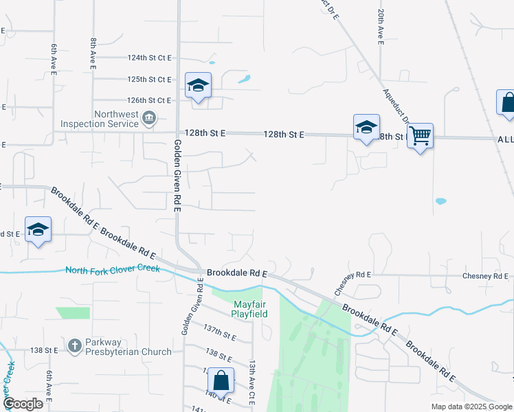 map of restaurants, bars, coffee shops, grocery stores, and more near 1323 131st Street Court East in Tacoma