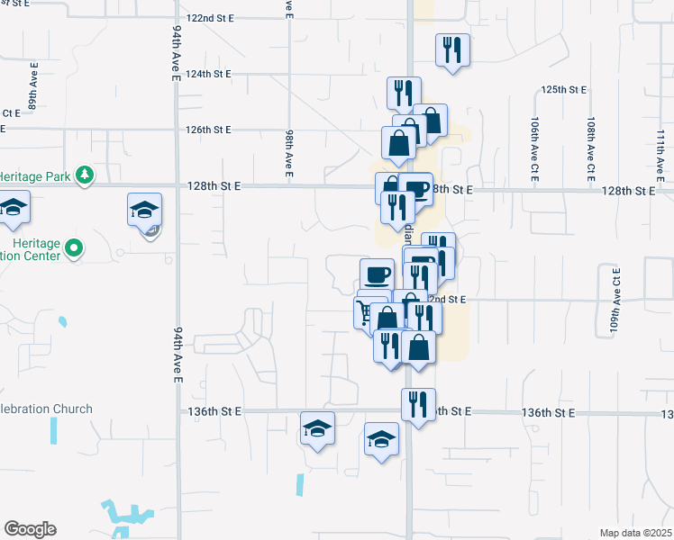 map of restaurants, bars, coffee shops, grocery stores, and more near 13011 99th Avenue Court East in South Hill