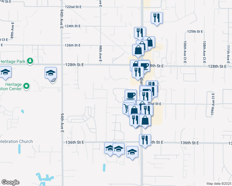 map of restaurants, bars, coffee shops, grocery stores, and more near 13011 99th Avenue Court East in South Hill