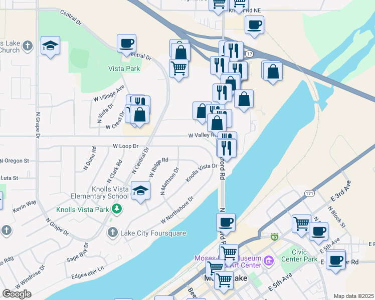 map of restaurants, bars, coffee shops, grocery stores, and more near 223 West Loop Drive in Moses Lake