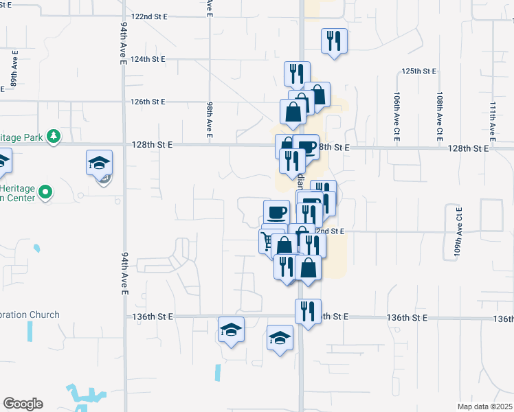 map of restaurants, bars, coffee shops, grocery stores, and more near 13118 Meridian East in Puyallup