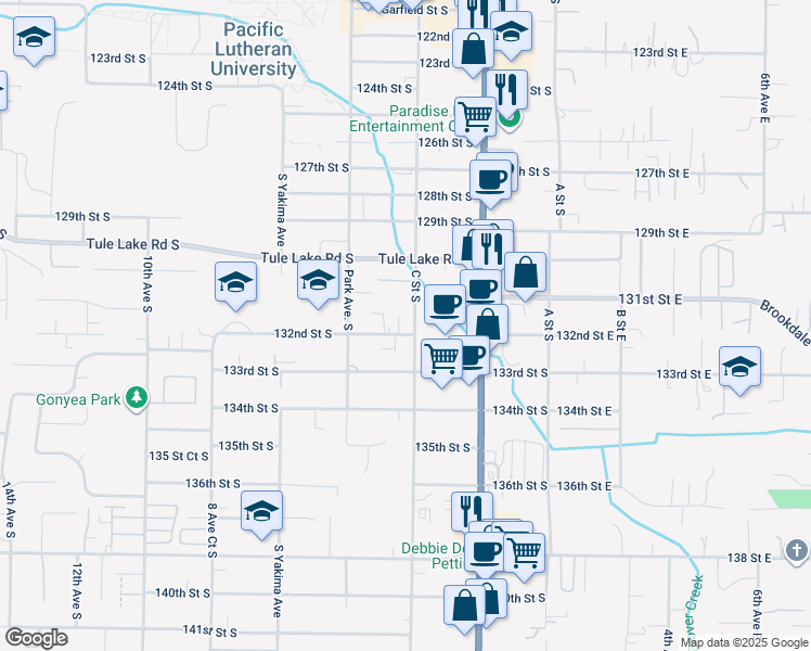 map of restaurants, bars, coffee shops, grocery stores, and more near 401 132nd Street East in Tacoma