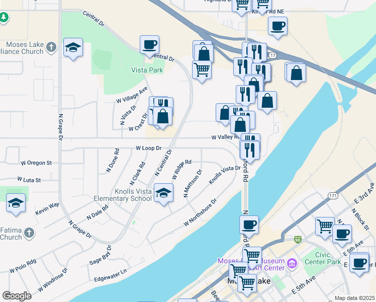 map of restaurants, bars, coffee shops, grocery stores, and more near 325 West Loop Drive in Moses Lake
