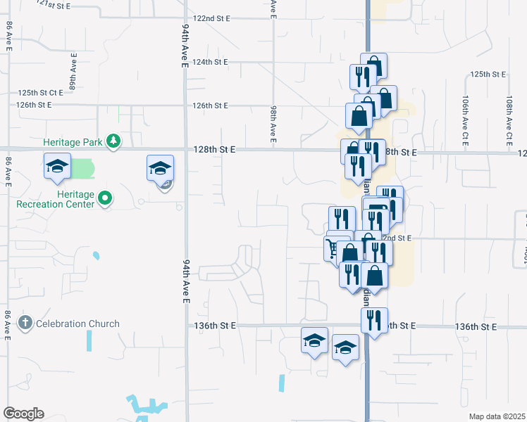 map of restaurants, bars, coffee shops, grocery stores, and more near 9706 130th Street Court East in Puyallup