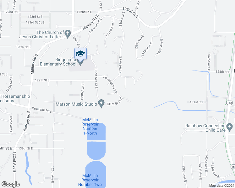 map of restaurants, bars, coffee shops, grocery stores, and more near 13018 Sunridge Way East in Puyallup