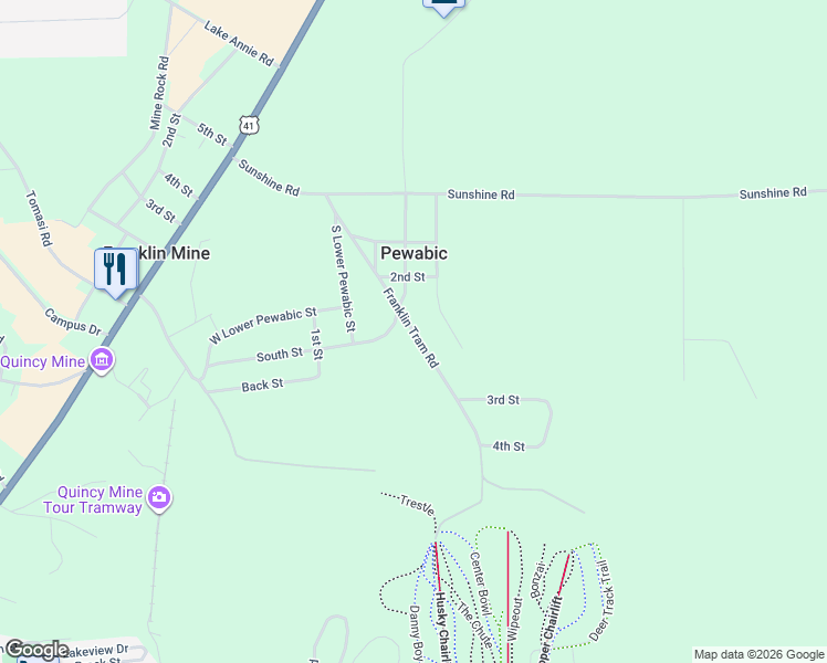 map of restaurants, bars, coffee shops, grocery stores, and more near Franklin Tram Road in Houghton County