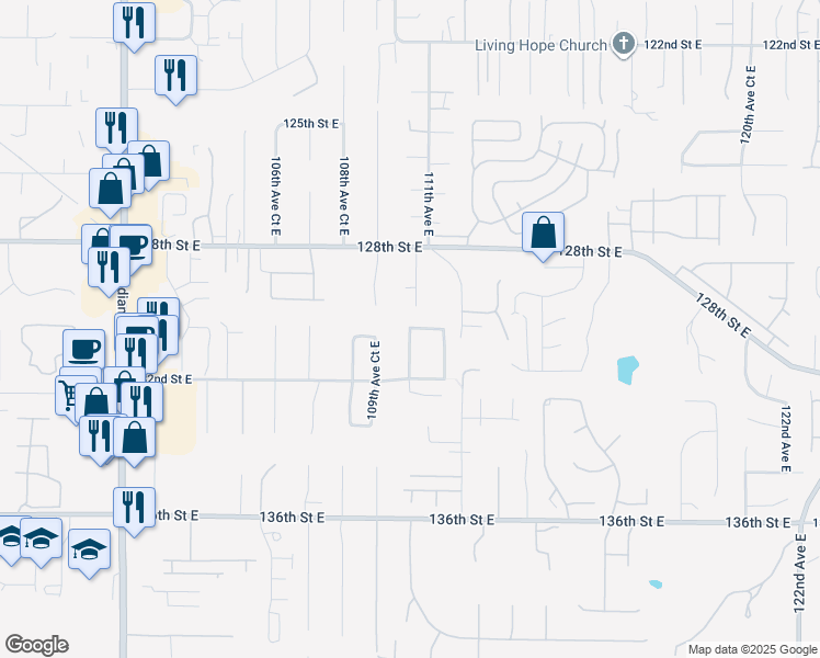 map of restaurants, bars, coffee shops, grocery stores, and more near 9608 130th Street Court East in Puyallup