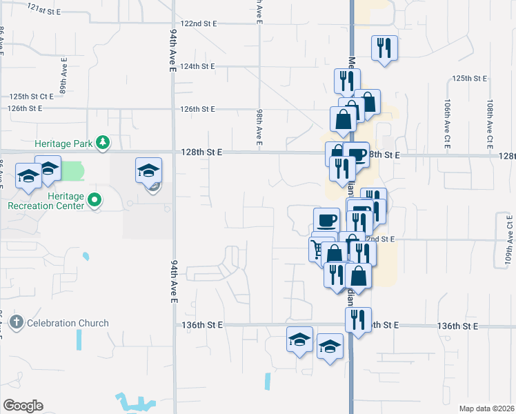 map of restaurants, bars, coffee shops, grocery stores, and more near 9715 130th Street Court East in Puyallup
