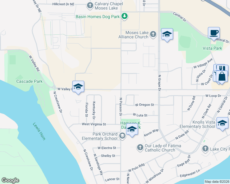 map of restaurants, bars, coffee shops, grocery stores, and more near 612 North Pennsylvania Street in Moses Lake
