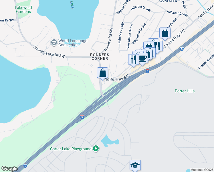 map of restaurants, bars, coffee shops, grocery stores, and more near 13071 Pacific Highway Southwest in Lakewood