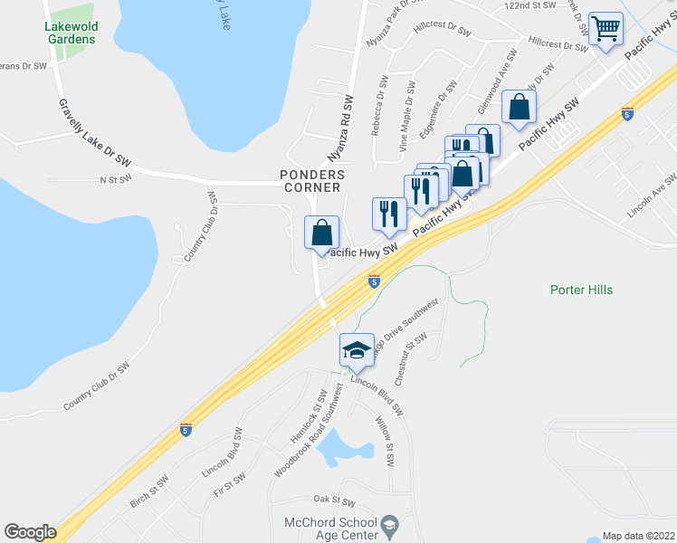 map of restaurants, bars, coffee shops, grocery stores, and more near 13067 Pacific Highway Southwest in Lakewood